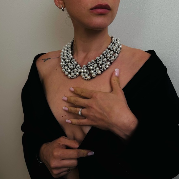 New Sparkling Silver Crystal Collar Necklace Pearls - Picture 1 of 8